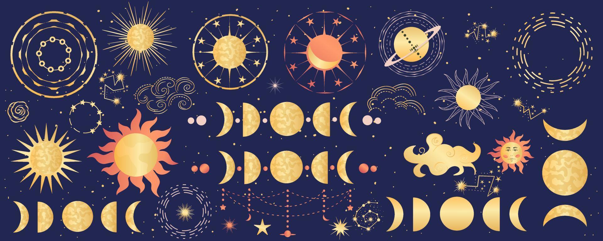 astrologia mística celestial com sol, lua, fases e constelações. signos dourados para desenhos de horóscopo astrológico. símbolos astrológicos místicos do sol e da lua. ilustração vetorial. vetor