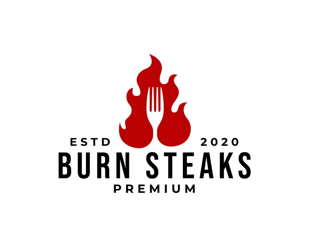 logotipo de restaurante de comida de cozinha de grelha picante quente com garfo de fogo de chama de queimadura vetor