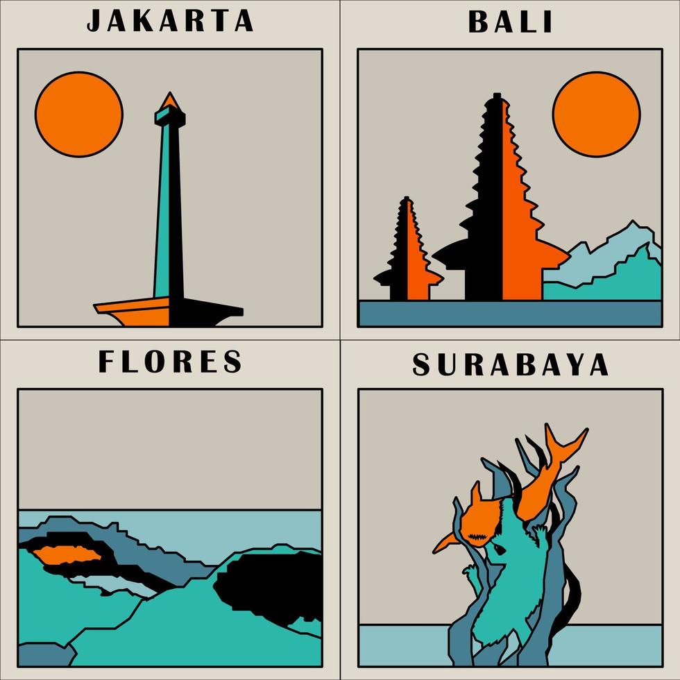marco icônico do destino da indonésia plana vetor