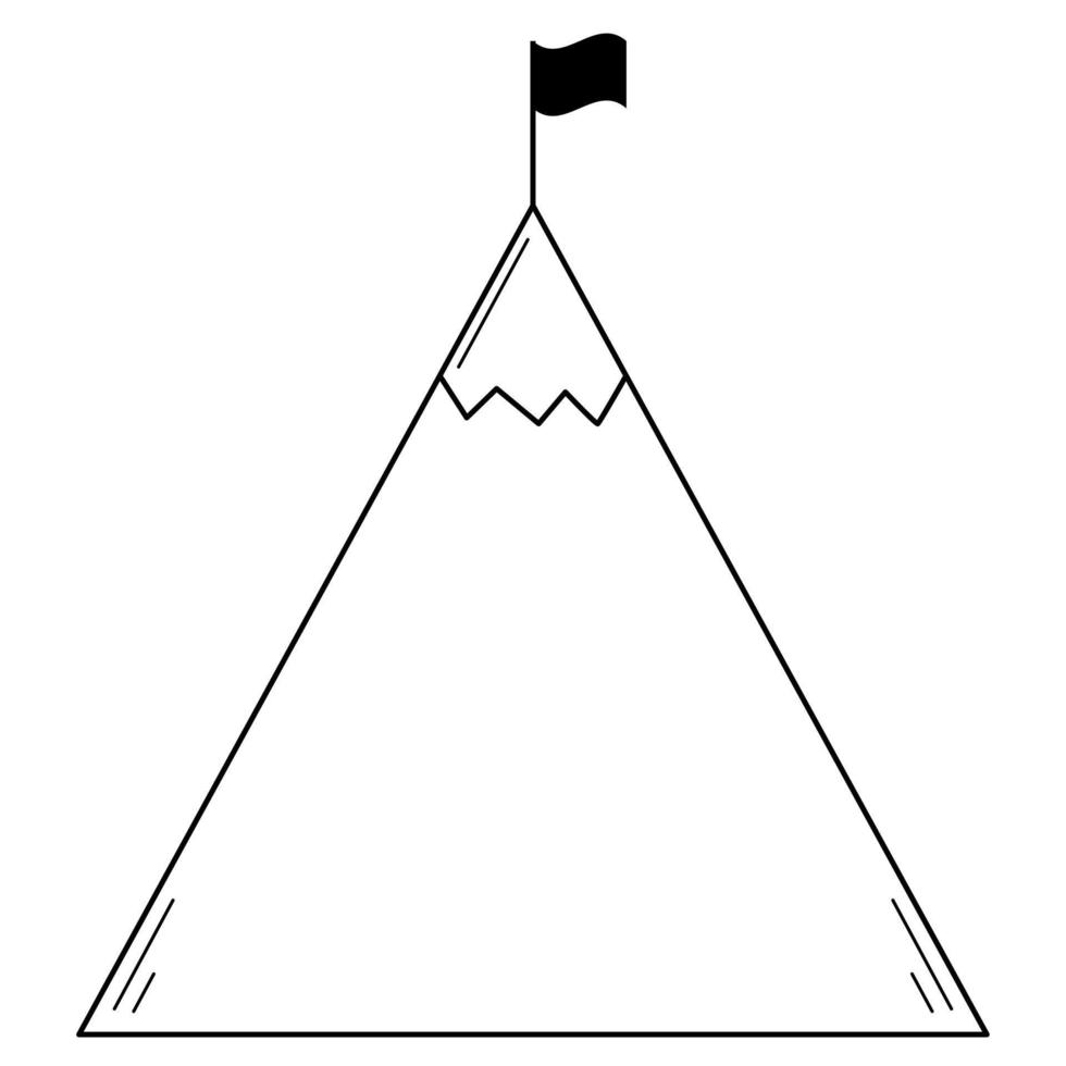montanha desenhada à mão com uma bandeira no topo. imagem abstrata de alcançar o sucesso. esboço de rabiscos. ilustração vetorial vetor