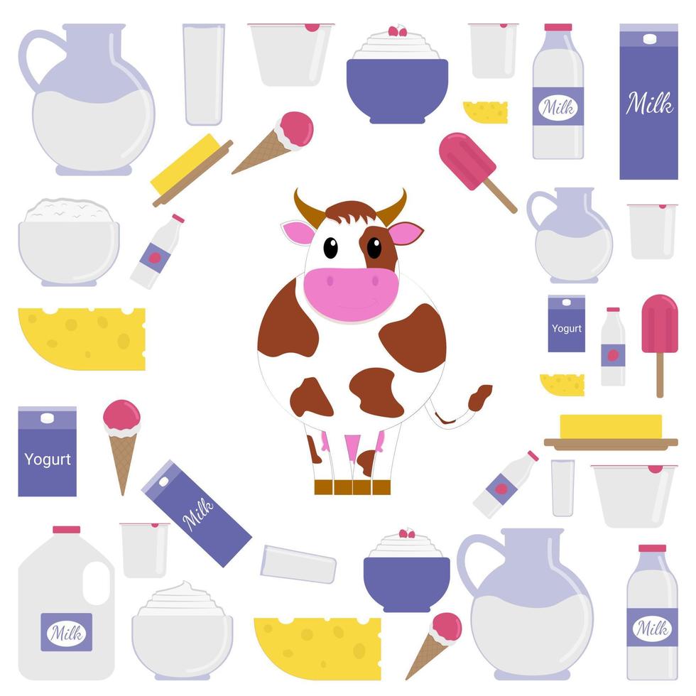 um conjunto de produtos lácteos com a imagem de uma vaca. produtos lácteos, incluindo queijo, requeijão, creme de leite, iogurte, sorvete e manteiga. apartamento. ilustração vetorial vetor