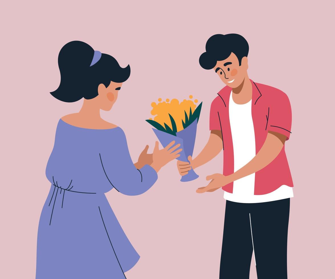 pessoas com flores. um homem dá um buquê de flores para uma mulher. imagem vetorial. vetor