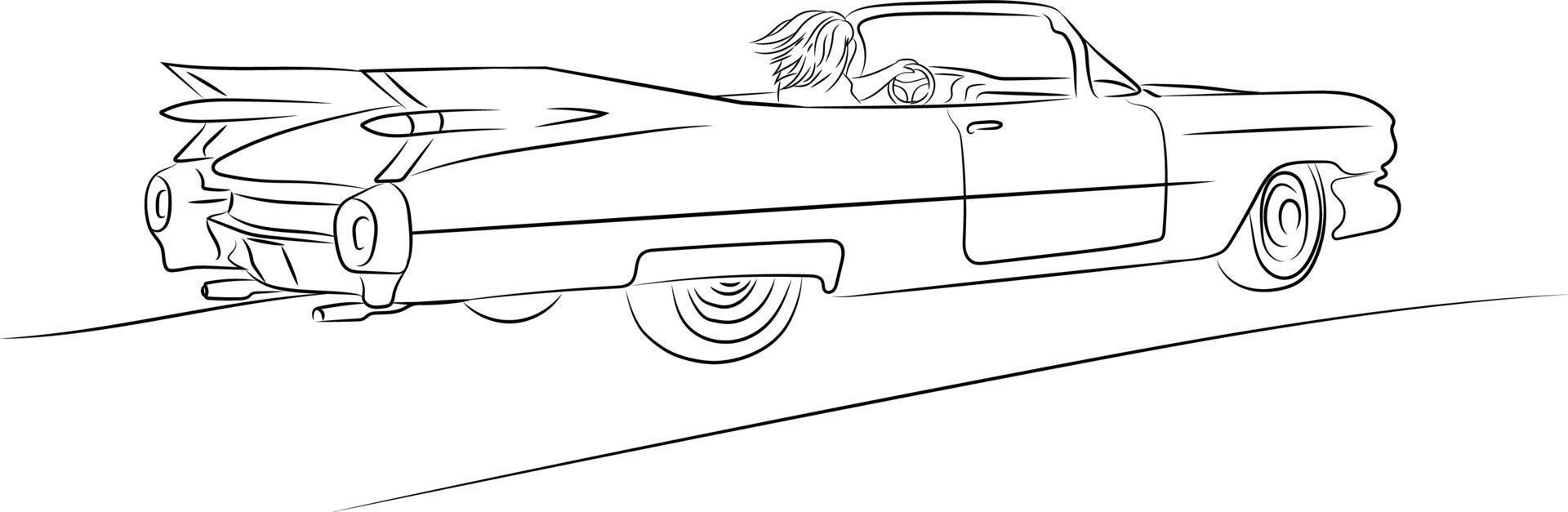 mulher desenhada de mão dirigindo ilustração de esboço de carro retrô vetor