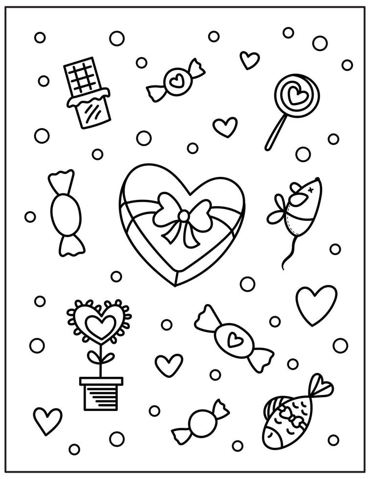 página para colorir para crianças e adultos. doces e brinquedos de doodle desenhados à mão para gato. ilustração vetorial de contorno. vetor