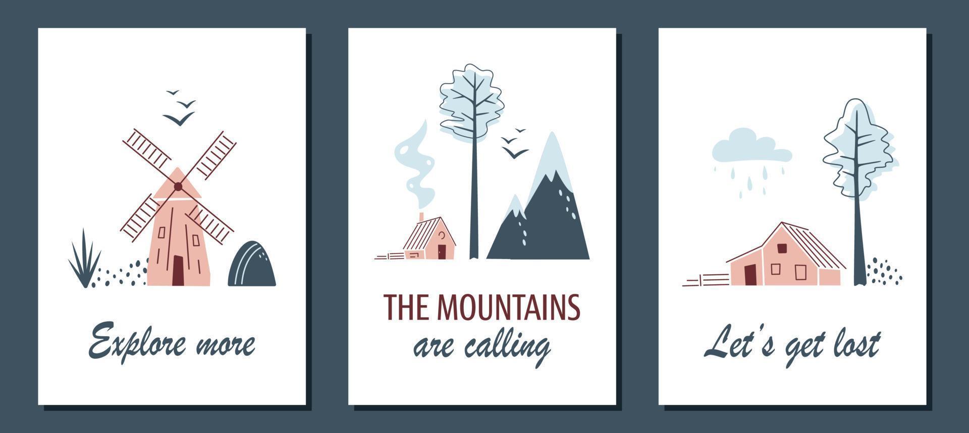 conjunto de cartões minimalistas com paisagens do norte. moinho de vento, pássaros, casas e abetos vermelhos em fundo branco. paisagens nórdicas em cores limitadas. conceito de viagem, acampamento ou natureza. vetor