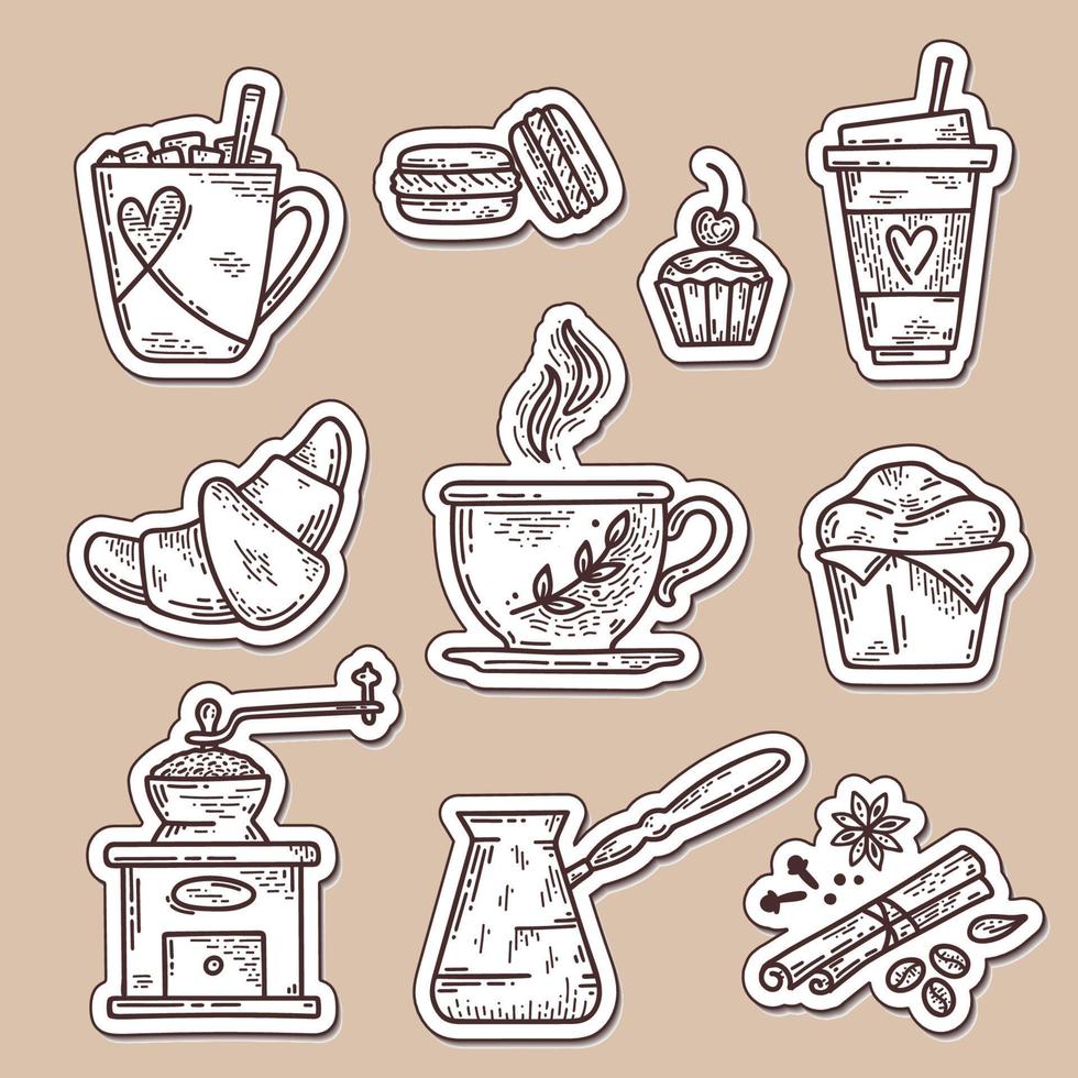 conjunto de adesivos de café. coleção de café desenhada à mão. ilustração de desenho vetorial conjunto com xícara, cezve, especiarias, moedor de café, croissant e outras sobremesas vetor