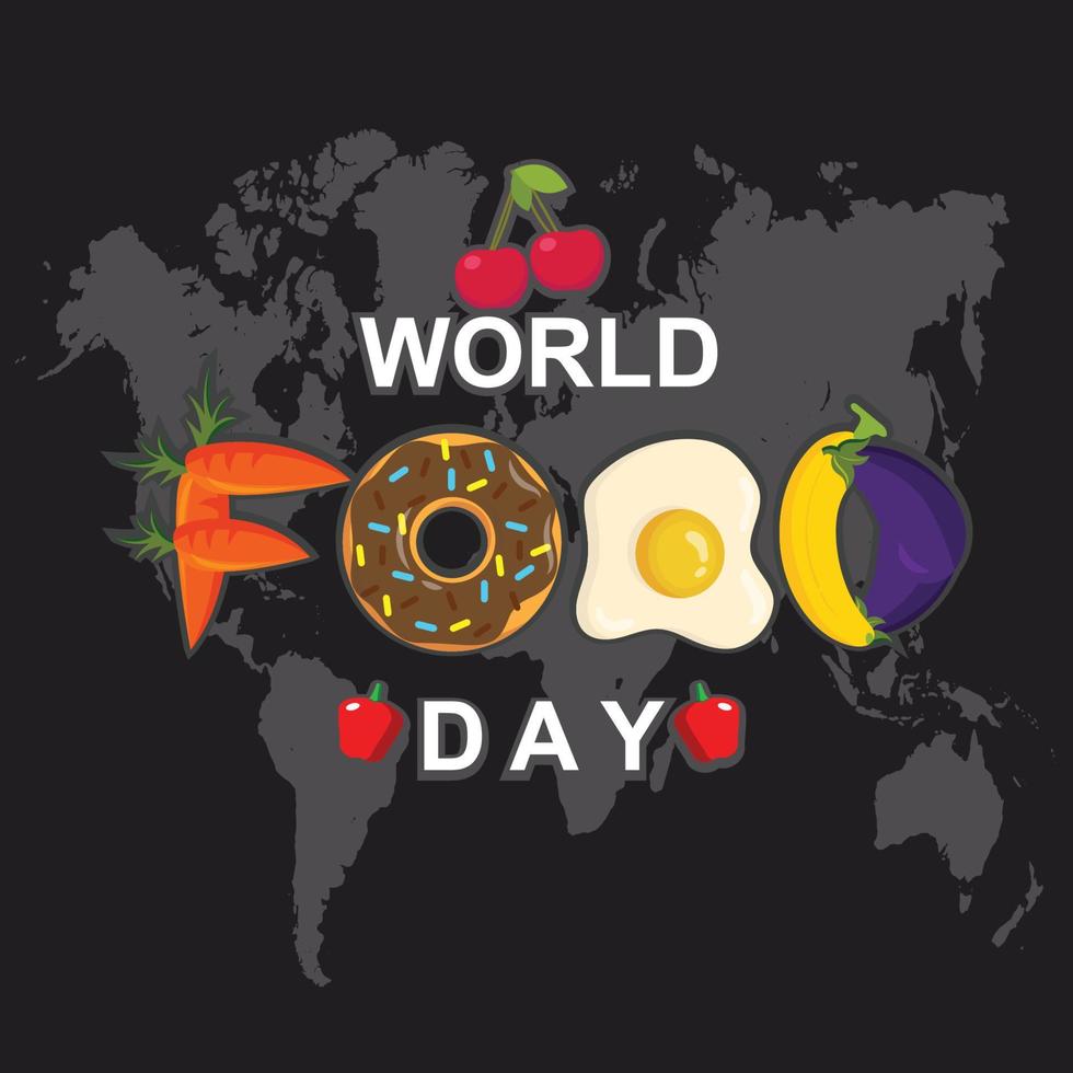 design de vetor de fundo do logotipo do dia mundial da comida, ilustração de frutas e alimentos variados, design de cartaz de celebração de refeição