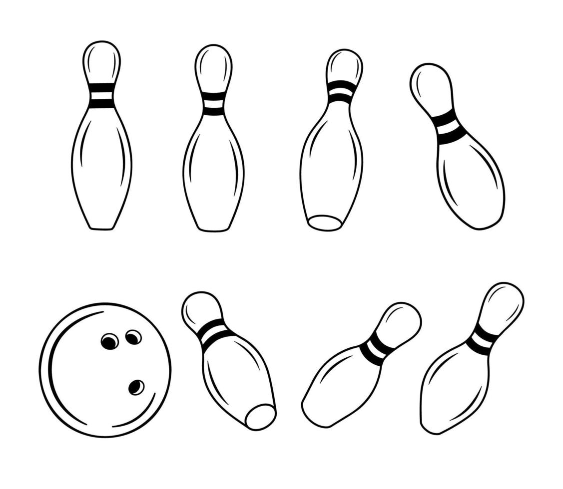 conjunto de pinos de boliche e ícone do esporte de bola. ilustração vetorial em estilo de contorno simples isolado no branco. vetor