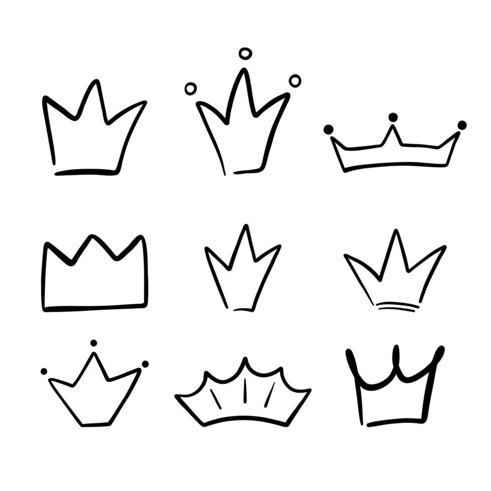 conjunto de diferentes coroas e tiaras. coroa de doodle desenhada de mão isolada no branco. desenho vetorial vetor