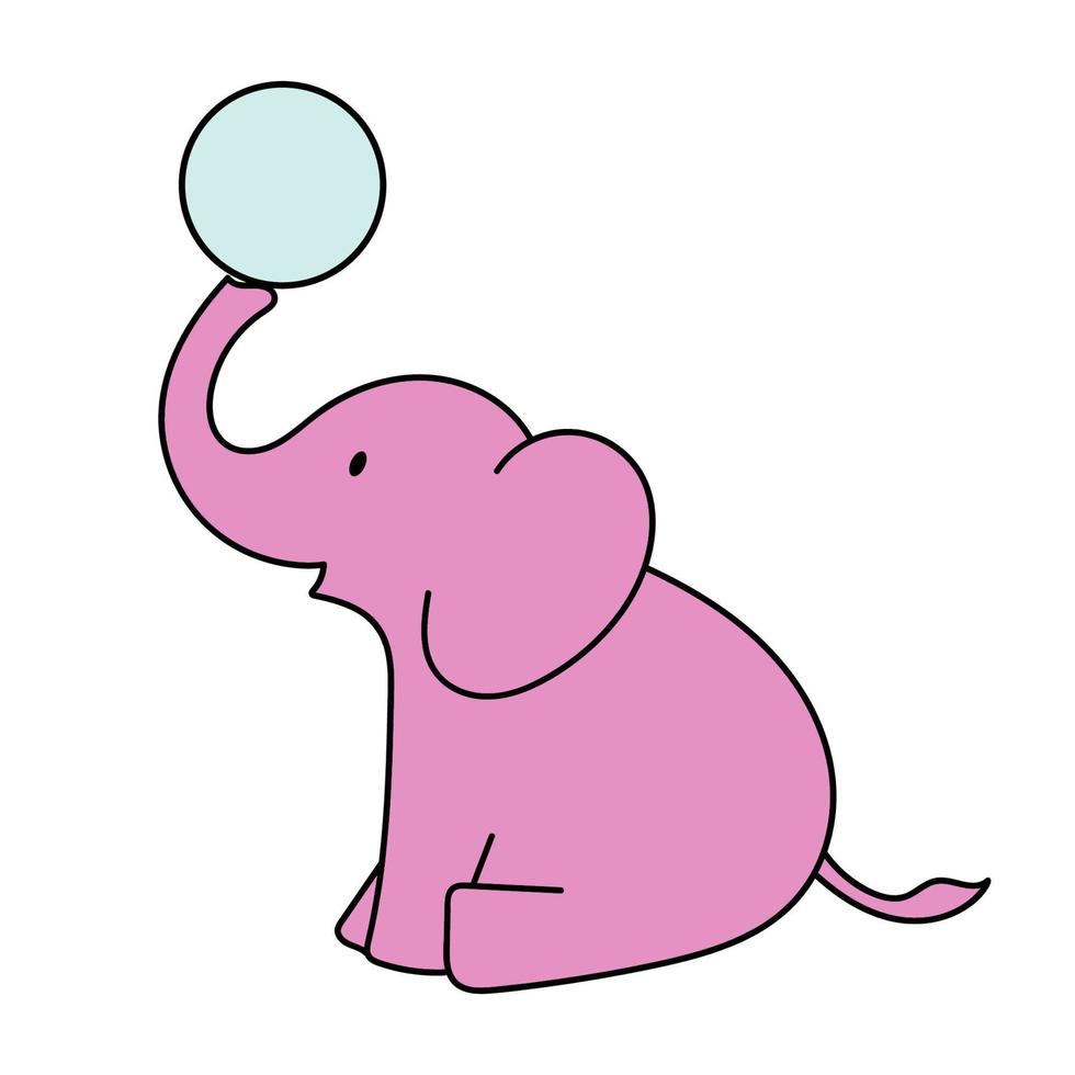 ilustração vetorial desenhada à mão de um elefante bebê rosa fofo sentado, segurando a bola com a tromba. isolado no fundo branco vetor