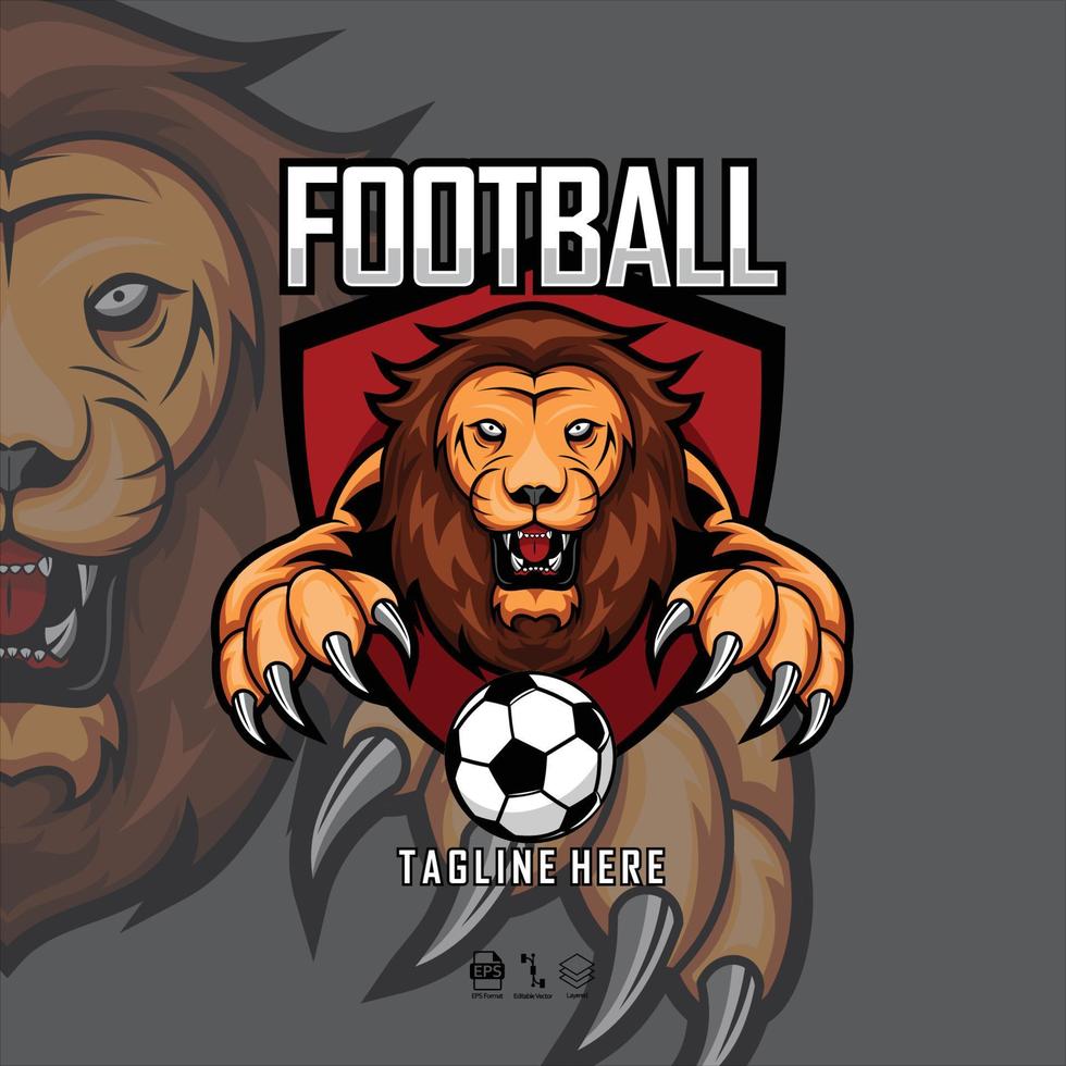 modelo de logotipo de bola de pé de cabeça de leão com fundo cinza vetor