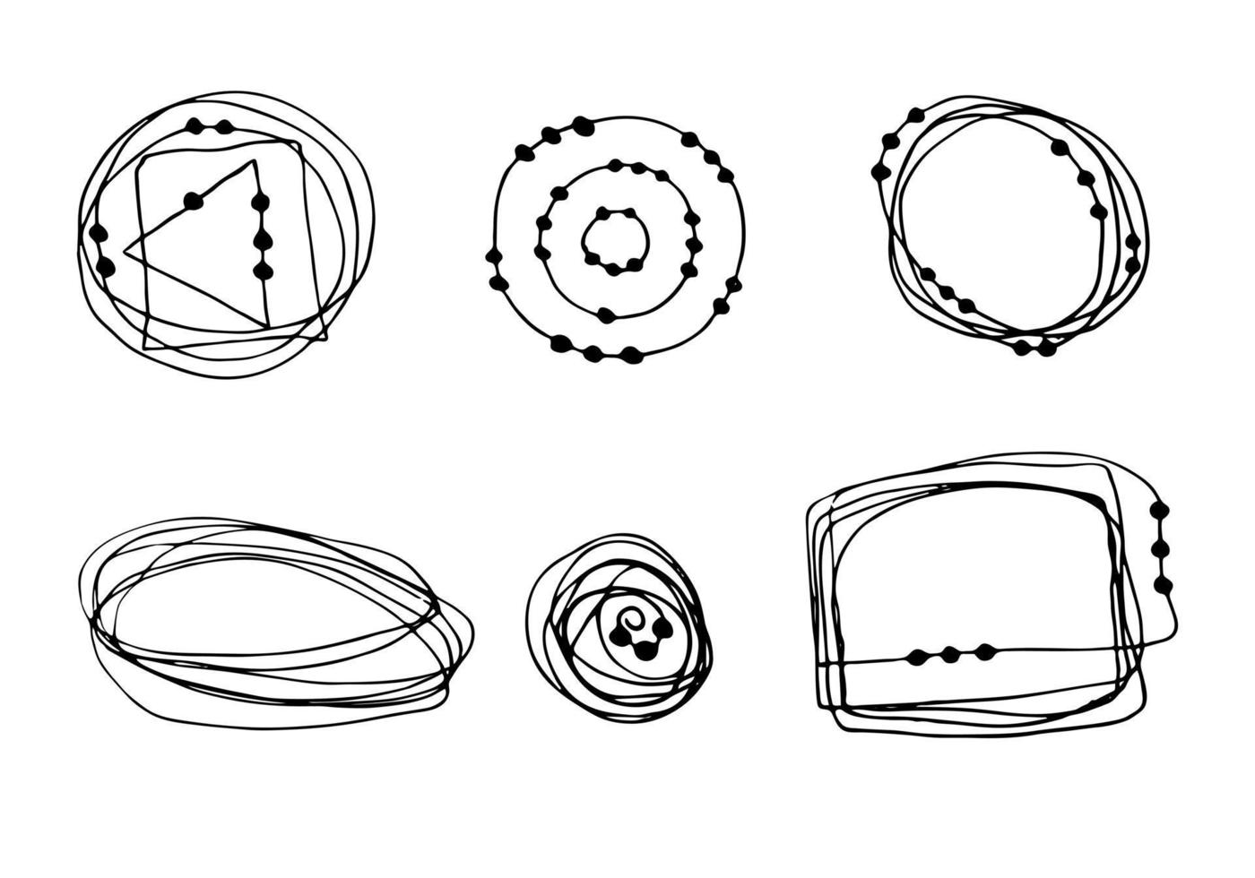 conjunto vetorial de quadros e elementos de design rabiscos, isolados no fundo branco, para padrão, plano de fundo, pano de fundo, quadro. desenho à mão, doodle redondo, quadrado, triângulo vetor