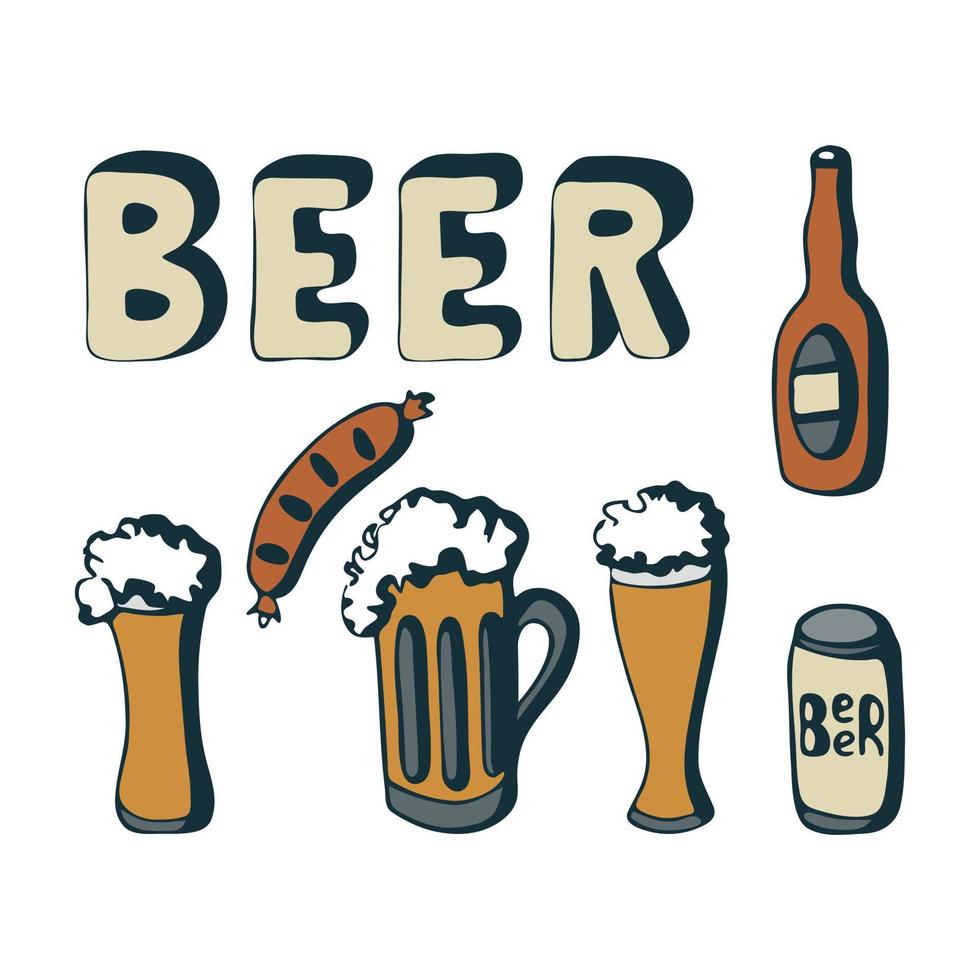 cerveja com letras, copo de cerveja, salsicha, lata de cerveja, garrafa, rabiscos de desenho à mão, estilizado, isolado, em um fundo branco. vetor