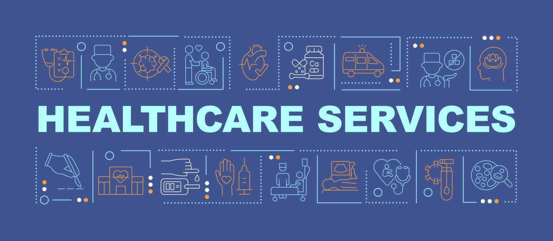 serviços de saúde palavra conceitos bandeira azul. Centro médico. infográficos com ícones na cor de fundo. tipografia isolada. ilustração vetorial com texto. vetor