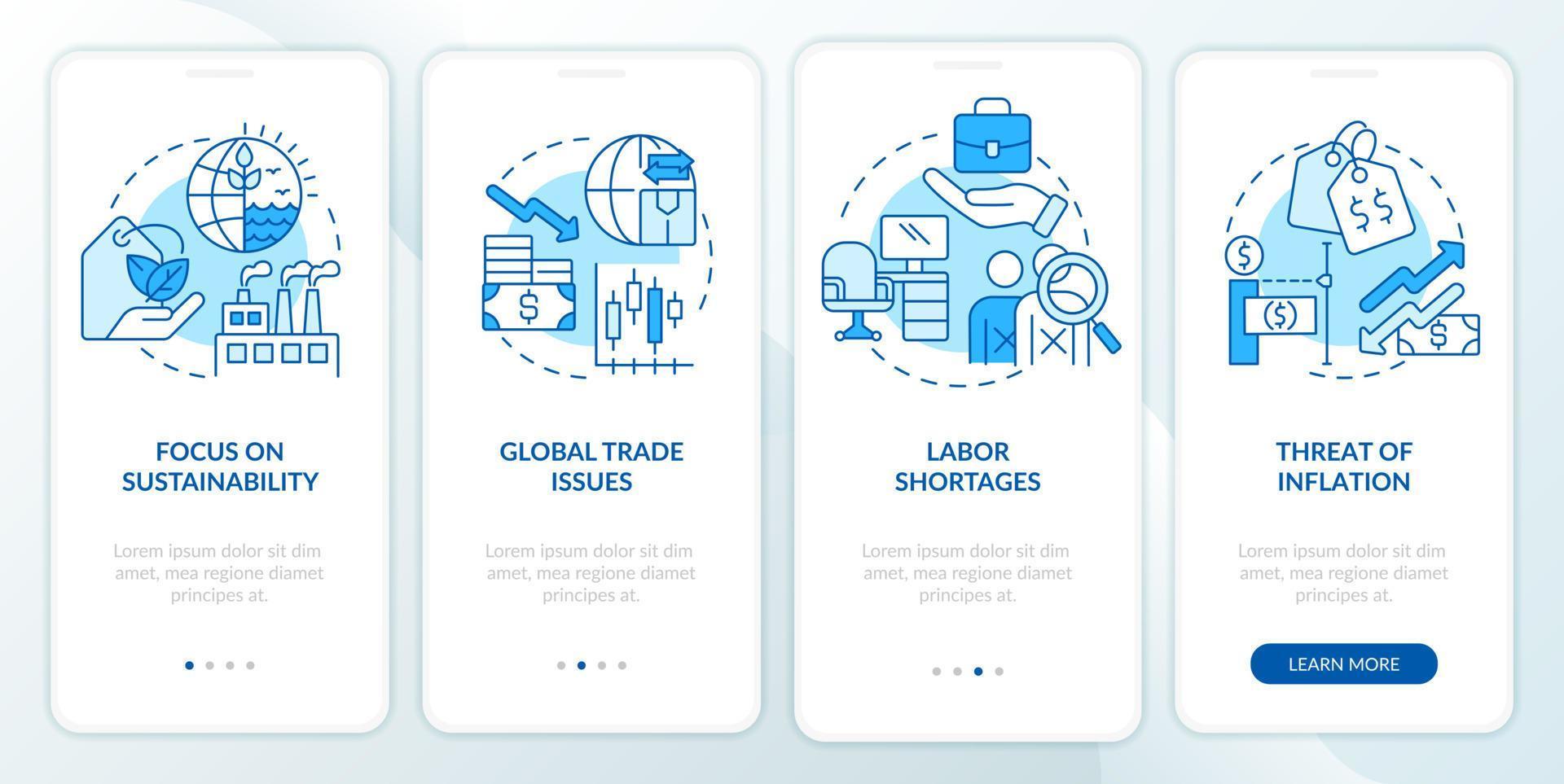 macro economia tendências tela azul do aplicativo móvel de integração. passo a passo de comércio 4 etapas páginas de instruções gráficas com conceitos lineares. ui, ux, modelo de gui. vetor