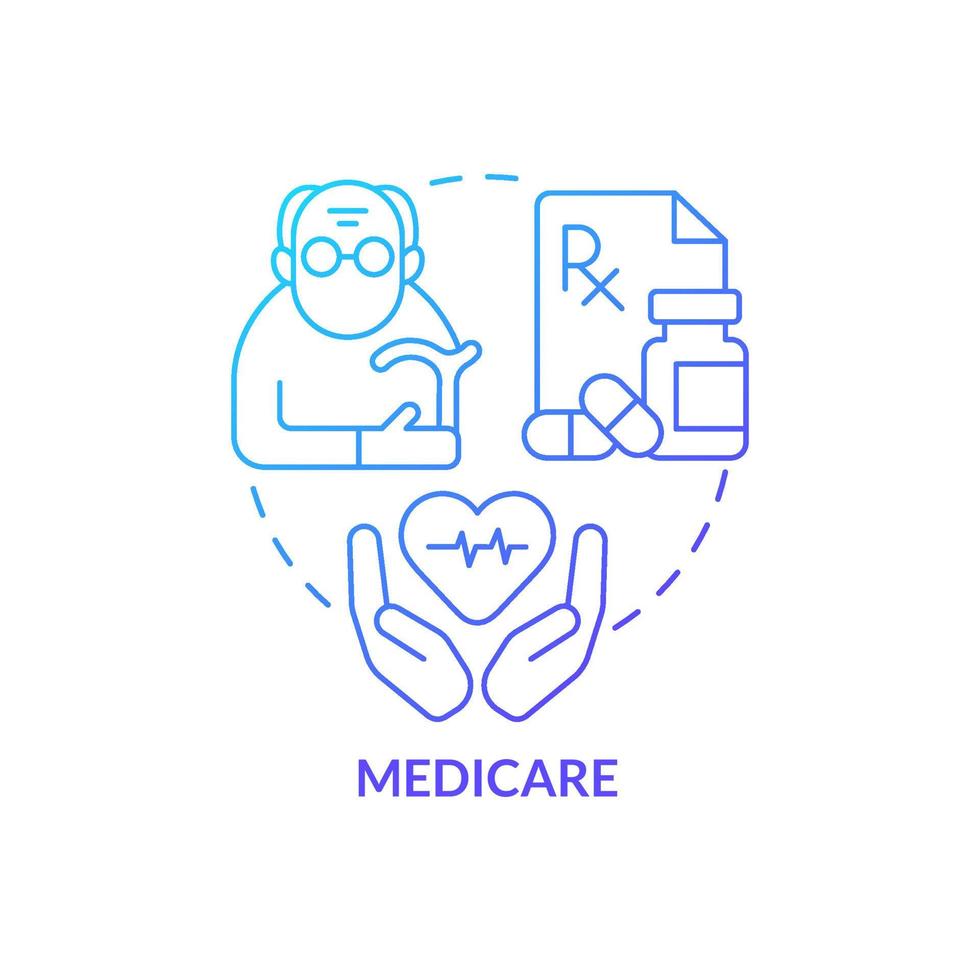 ícone de conceito gradiente azul do medicare. programa de saúde. seguro social federal inclui ilustração de linha fina de ideia abstrata. desenho de contorno isolado. vetor