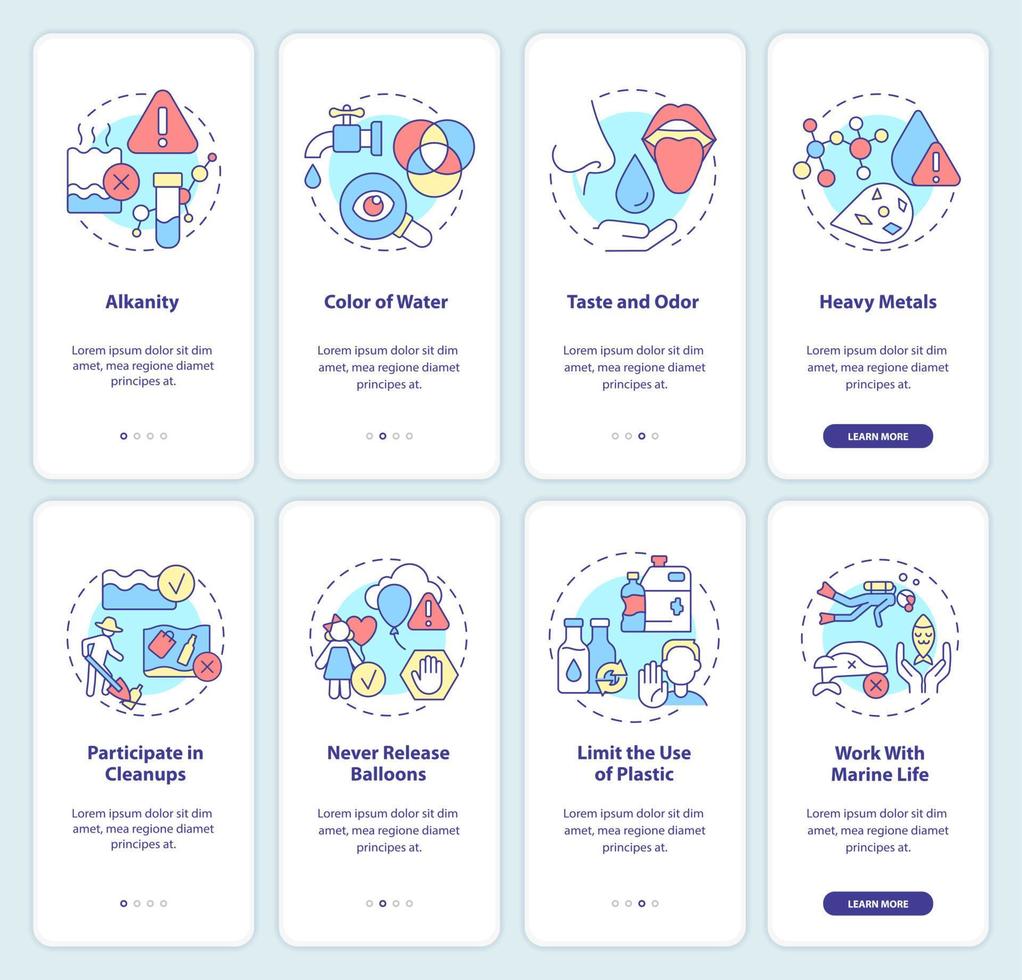 protegendo o conjunto de tela do aplicativo móvel de integração da qualidade da água. indicadores passo a passo 4 etapas páginas de instruções gráficas com conceitos lineares. ui, ux, modelo de gui. vetor