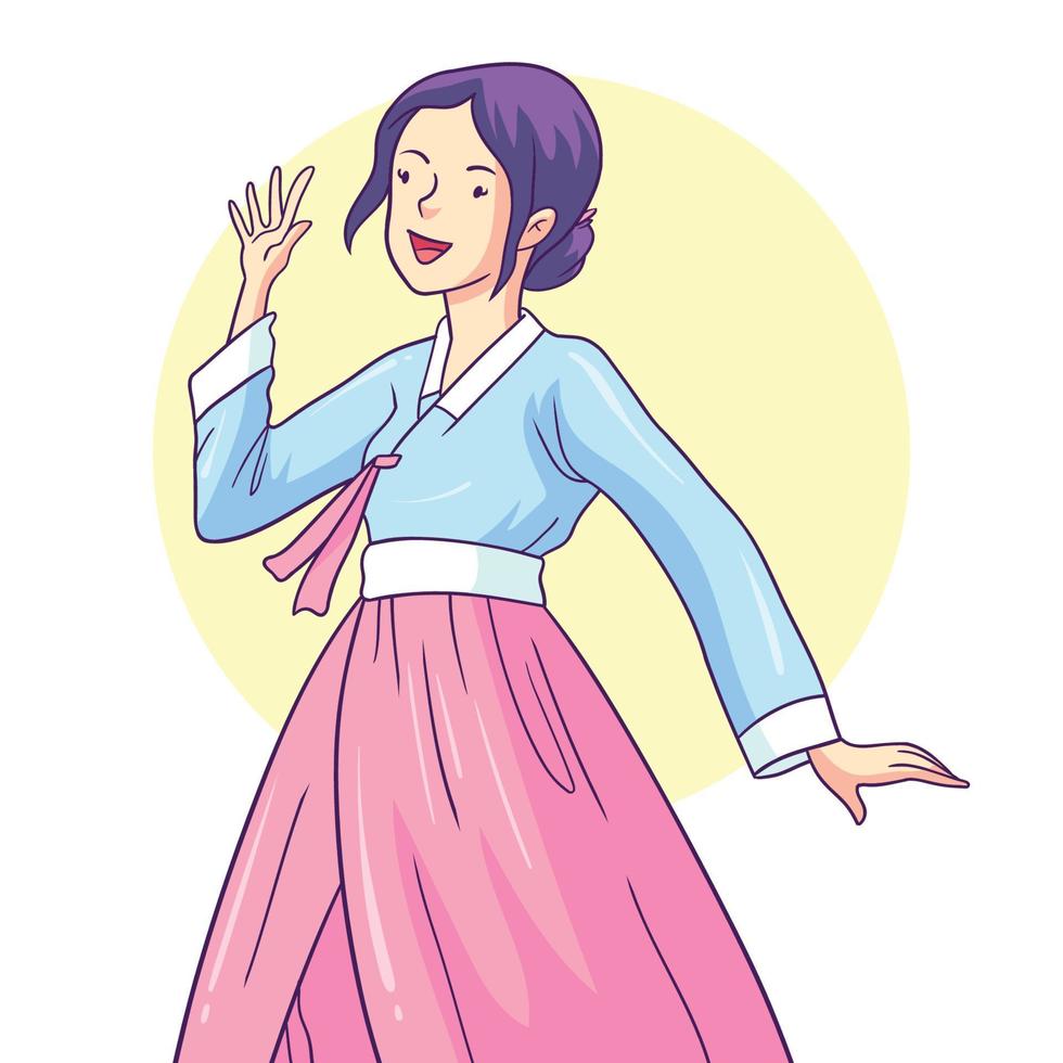 garota desenhada de mão usando hanbok vetor