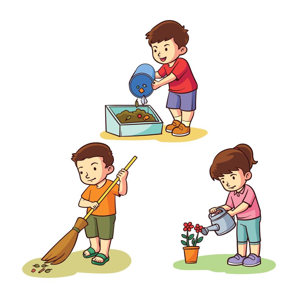 criança desenhada de mão limpando o ambiente vetor