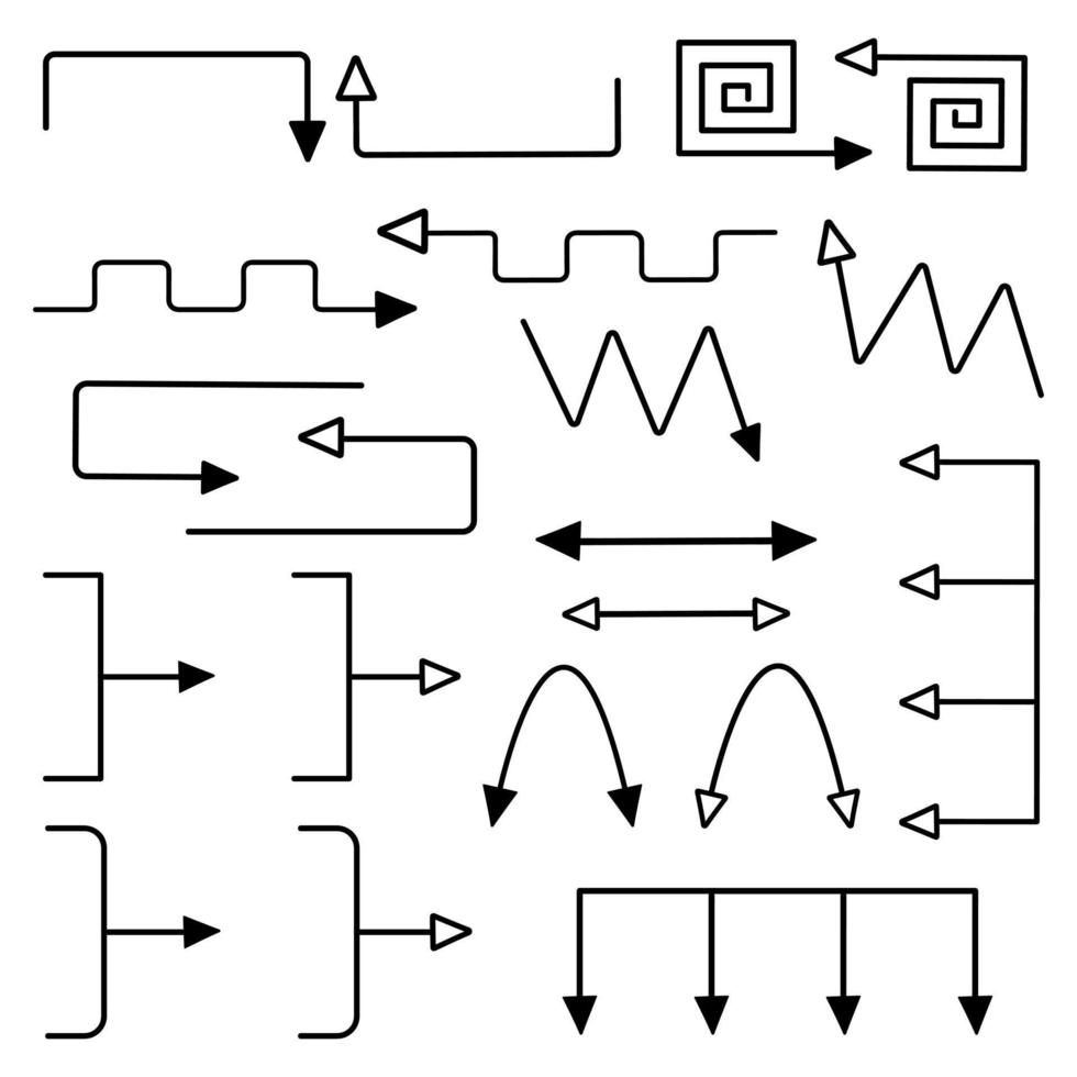 conjunto de ícones de seta preta doodle. elementos desenhados à mão isolados em um fundo branco. ilustração vetorial. vetor