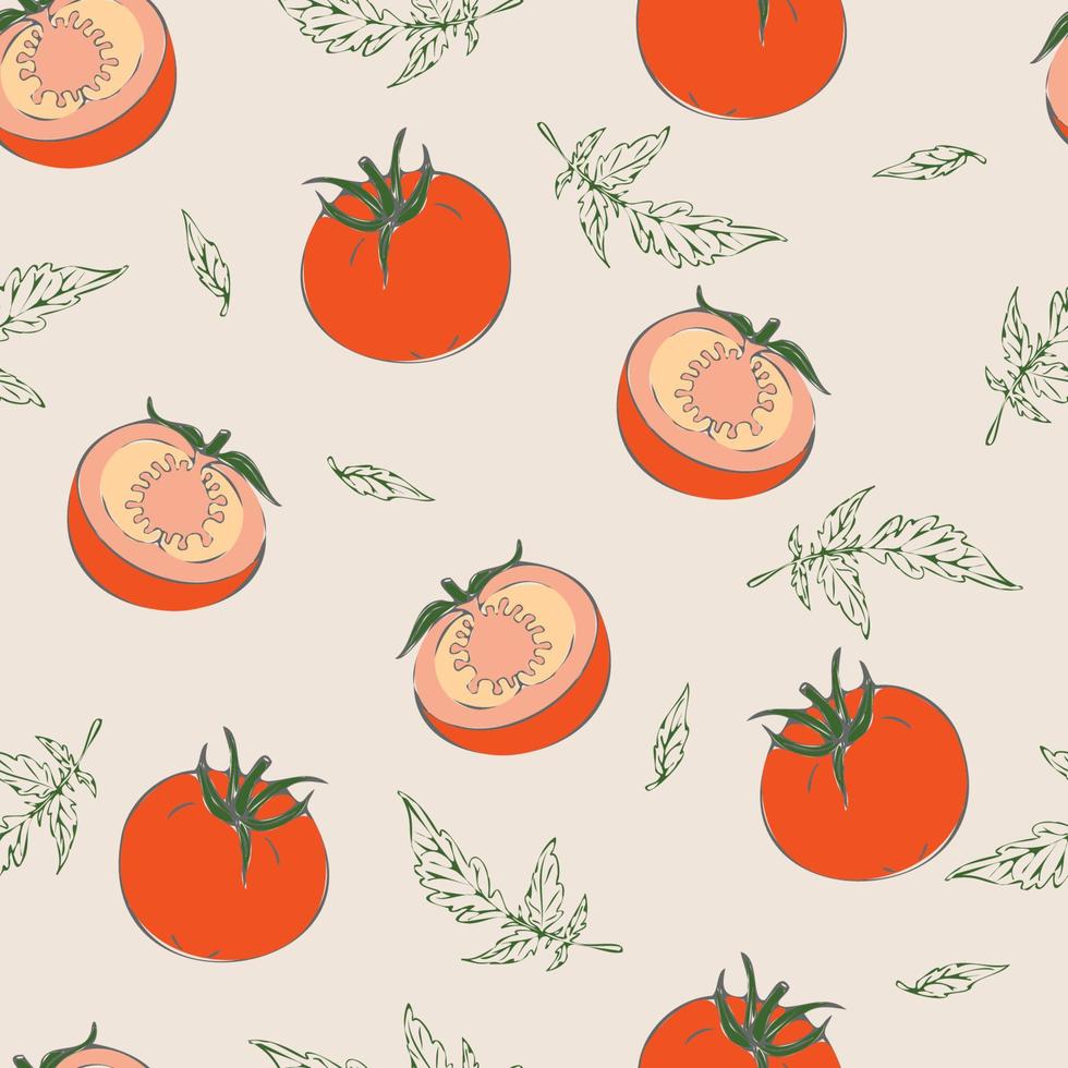 mão desenhando frutas e folhas de tomate, ilustração em vetor padrão sem emenda.