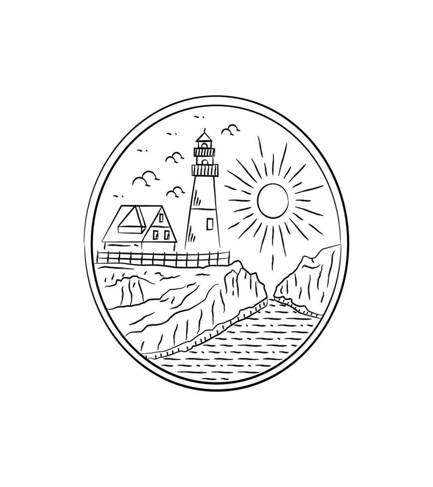 design de vetor de farol da inglaterra na arte de linha mono do penhasco do mar, ilustração gráfica de pino de remendo de crachá, design de camiseta de arte vetorial