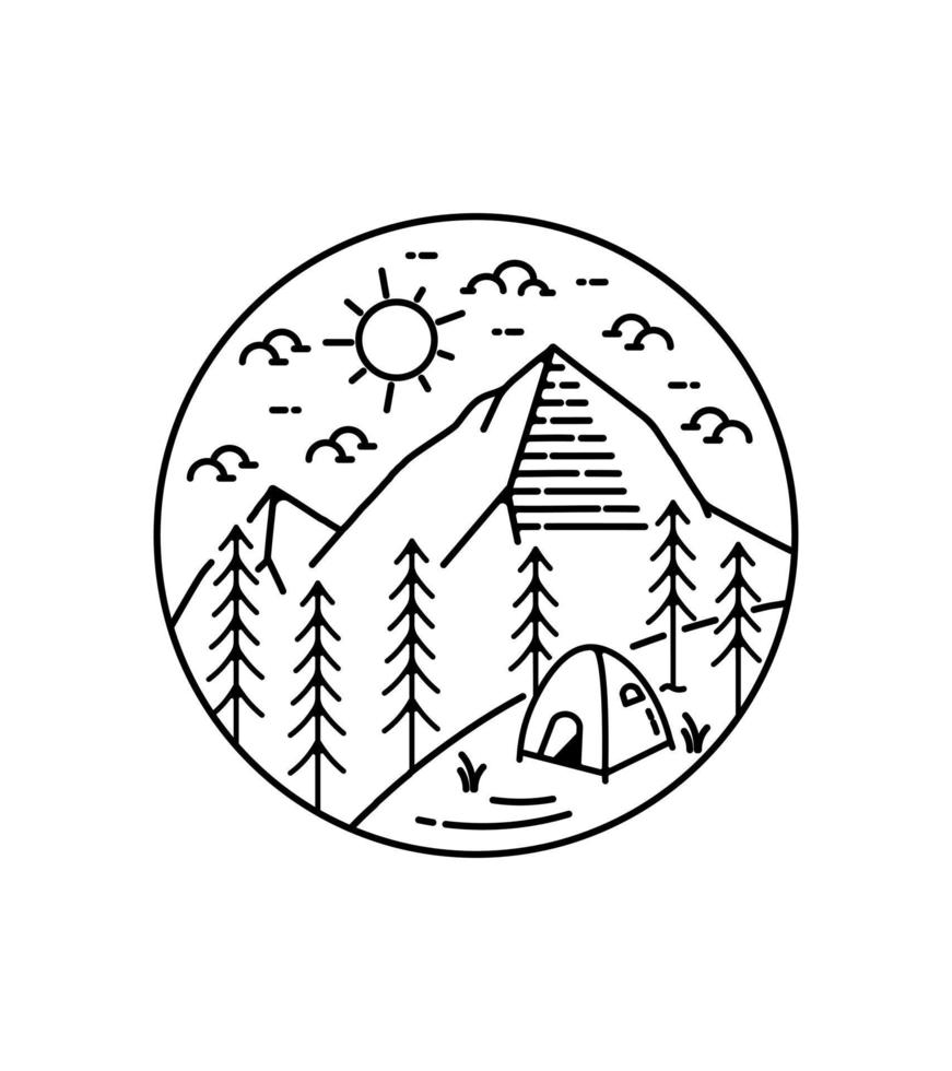 acampar sob o dia das montanhas em arte de linha mono, ilustração gráfica de pino de remendo de crachá, design de camiseta de arte vetorial vetor