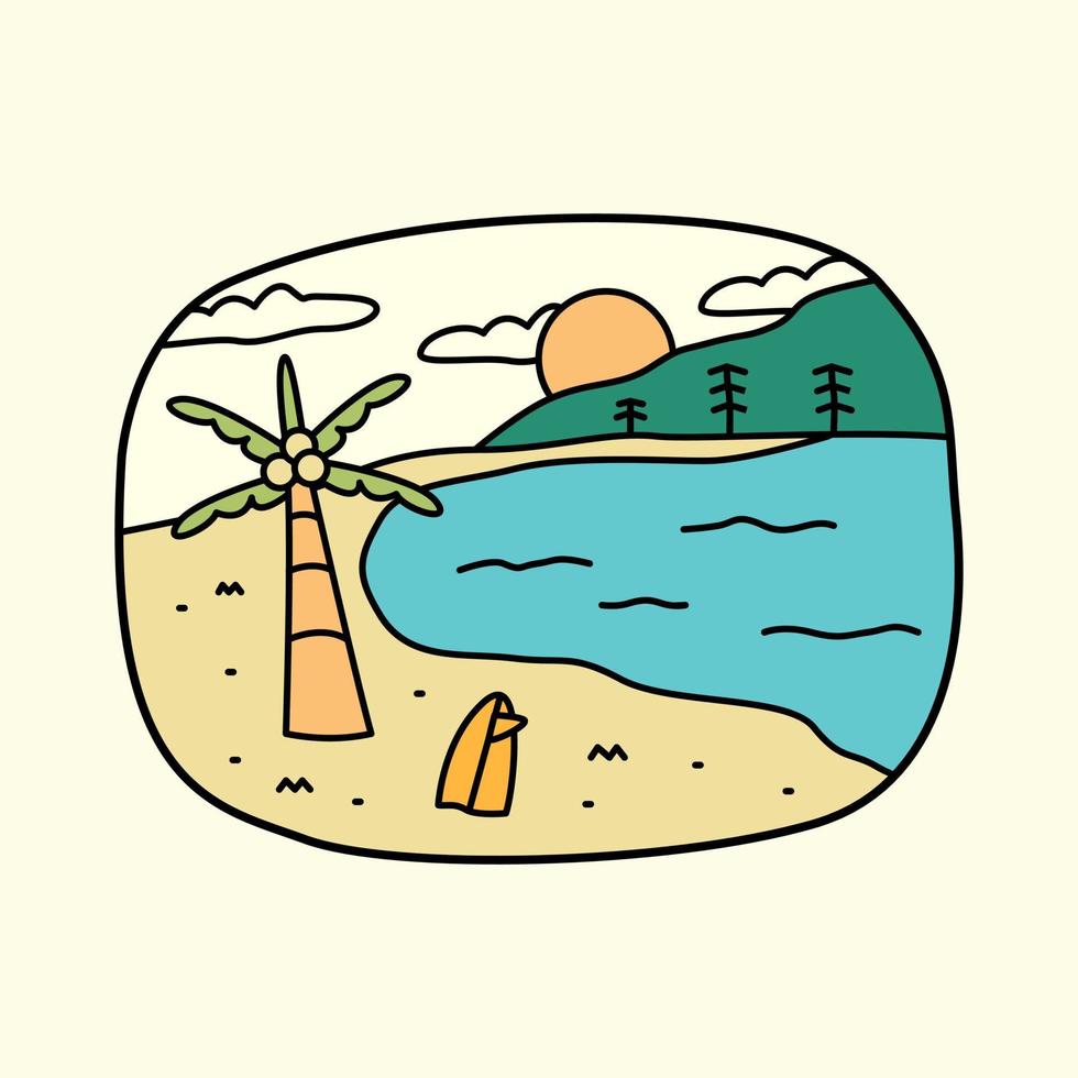 praia e prancha de surf na praia para crachá, adesivo, patch, design de camiseta, etc vetor