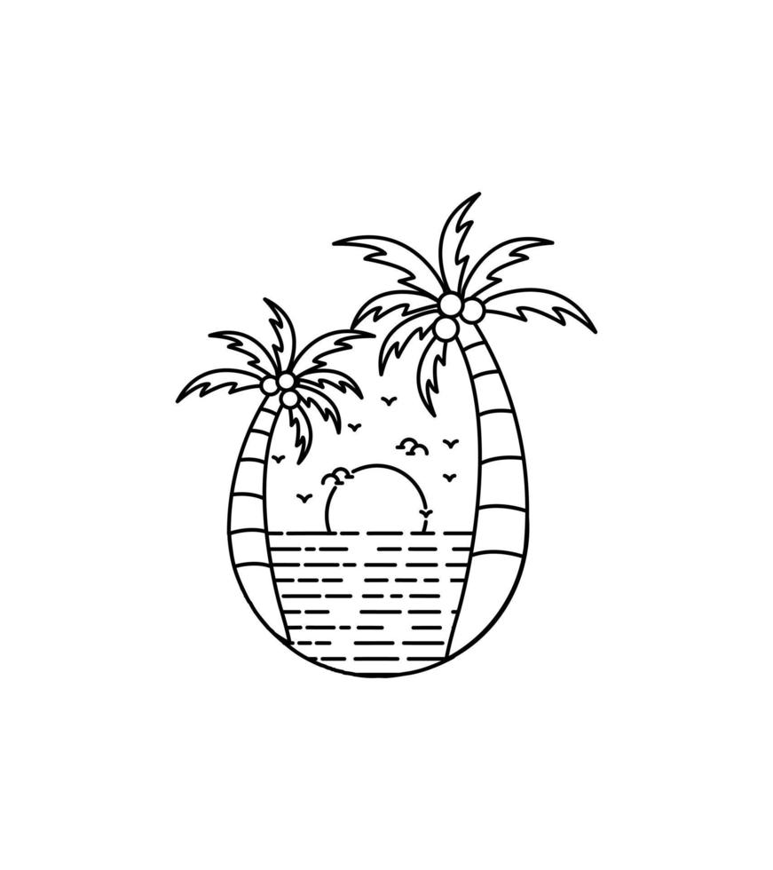 coqueiros gêmeos no pôr do sol de arte de linha mono da praia, ilustração gráfica de pino de remendo de crachá, design de camiseta de arte vetorial vetor