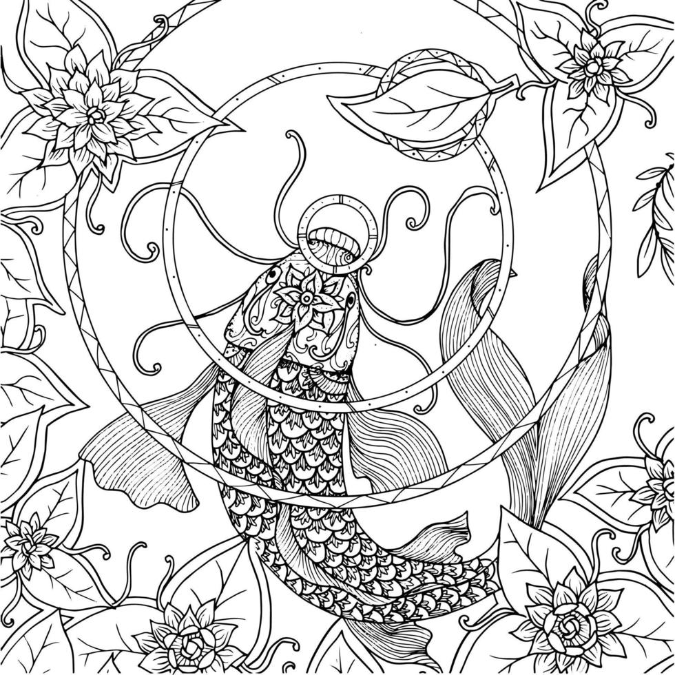 peixes koi chineses nadando ao redor da flor de lótus, ilustração vetorial desenhada à mão, arte de linha em preto e branco, página de livro de colorir para adultos. vetor