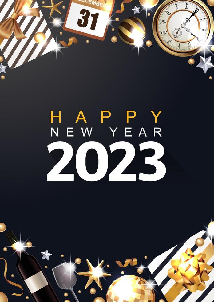 feliz natal e 2023 feliz ano novo. fundo de natal preto design realista garrafa de álcool de champanhe e vinho, caixa de presente de objetos decorativos festivos, bolas, estrela de prata e confete dourado vetor