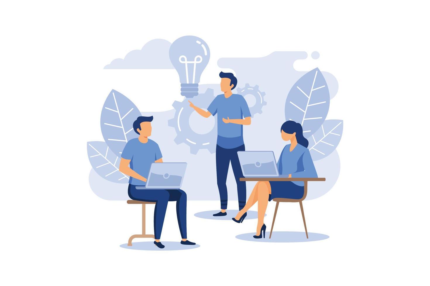 assistente on-line no trabalho. promoção na rede. gerente no trabalho remoto, procurando novas soluções de ideias, trabalhando juntos na empresa, brainstorming ilustração vetorial plana vetor