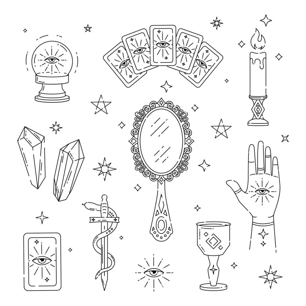 conjunto de símbolos mágicos, tatuagens de bruxas, previsão, cartas de tarô. vetor