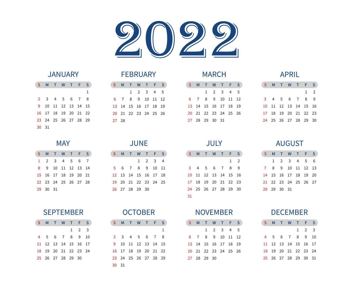 modelo de calendário simples branco 2022 para impressão vetor