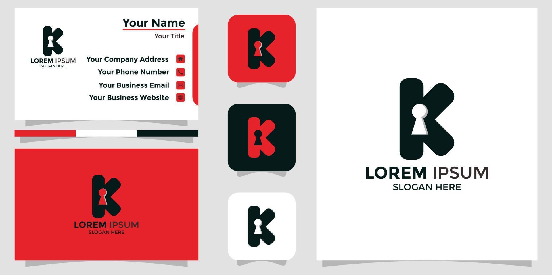 chave de combinação da letra k do logotipo minimalista e cartão de marca vetor
