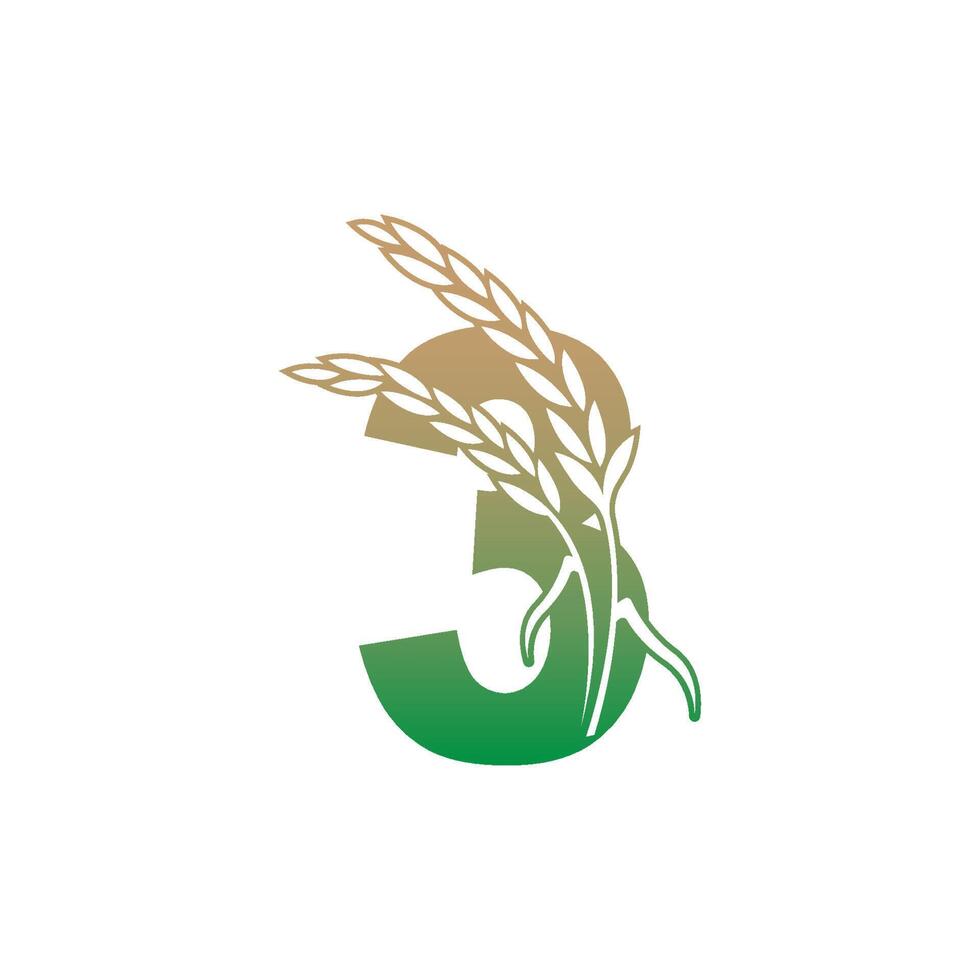 número 3 com modelo de ilustração de ícone de planta de arroz vetor