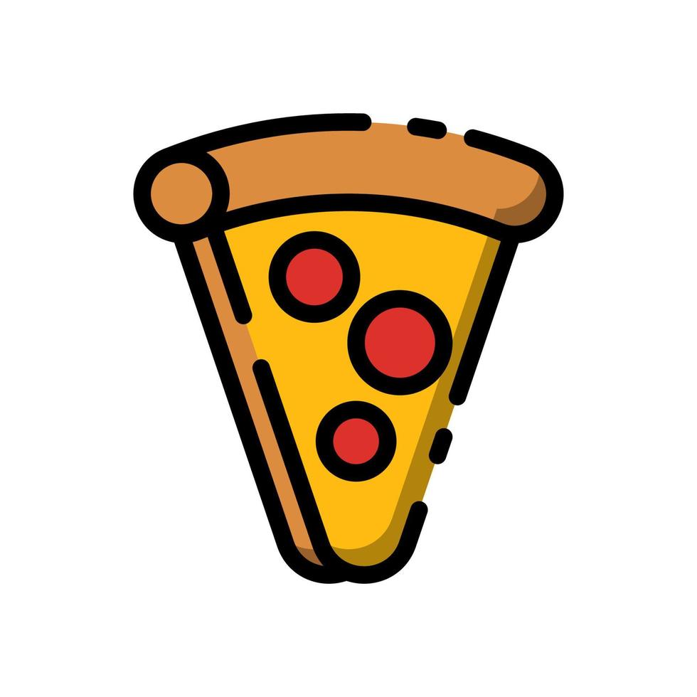 fatia de pizza fofa com desenhos animados de design plano de calabresa vermelha para camisa, pôster, cartão-presente, capa, logotipo, adesivo e ícone. vetor