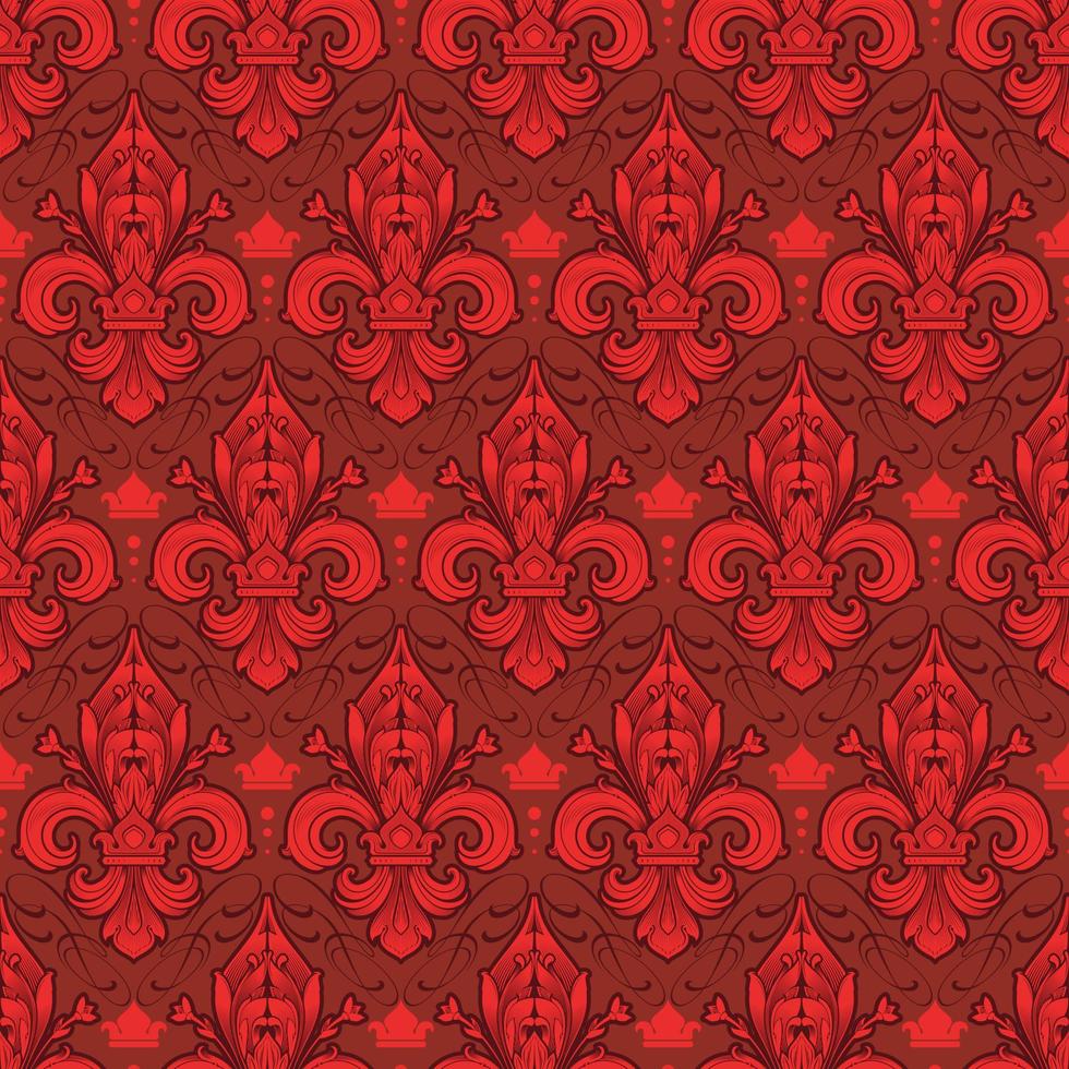 padrão de flor-de-lis vermelho em azulejo em um fundo escuro - perfeito para designs de luxo como papel de parede para embrulho de presente ou scrapbooking digital vetor