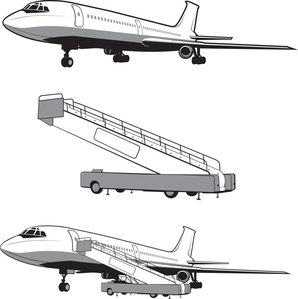 avião está pousando e decolando, o trem. viagens e transporte. ícone de avião em estilo monocromático. companhias aéreas. avião voando no céu. viagem de negócios. isolado em branco vetor