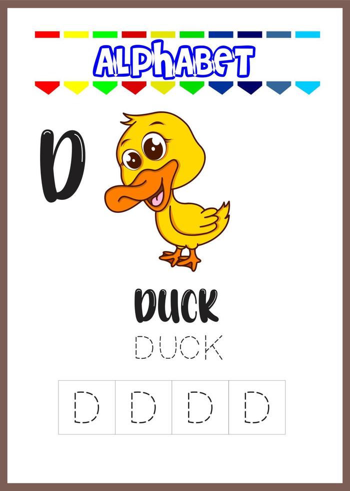 letra do alfabeto d para página de pato, pato fofo vetor