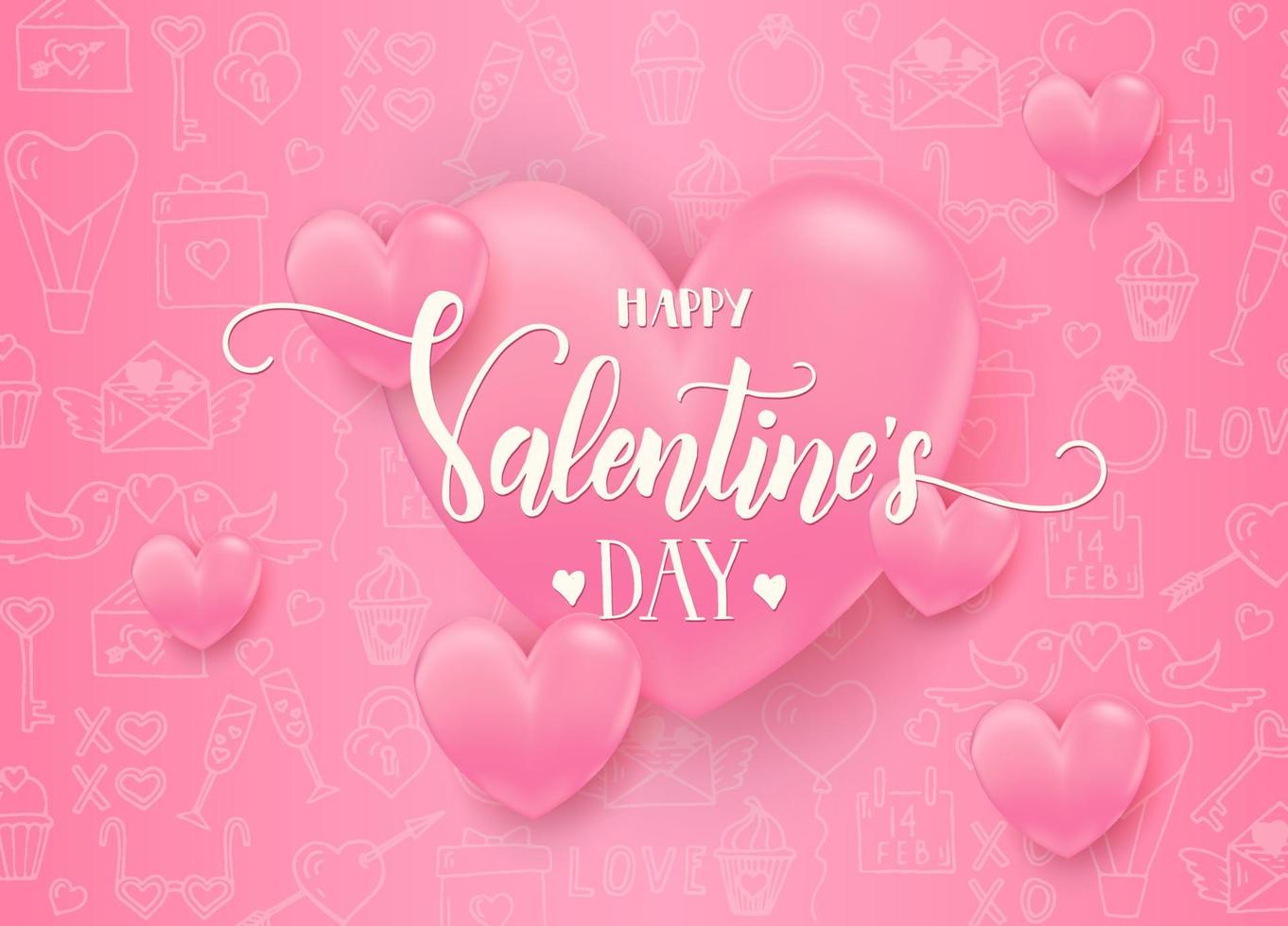 fundo de dia dos namorados com corações rosa 3d no padrão rosa com símbolos de arte de linha de amor desenhados à mão. feliz dia dos namorados - frase de caligrafia de letras. vetor