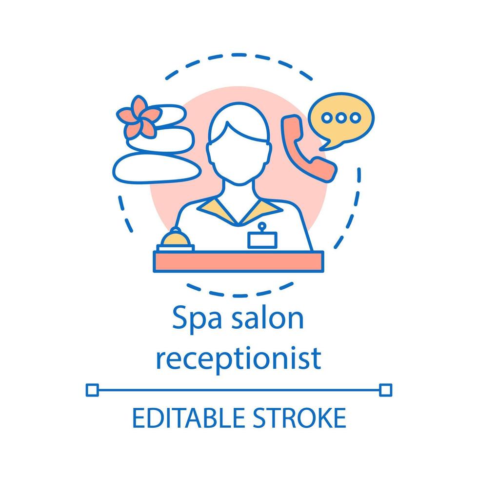 ícone do conceito de recepcionista de salão spa. secretária, ilustração de linha fina de idéia de gerente. mulher fazendo registro. fazendo reserva. serviço de recepção. desenho de contorno isolado de vetor. traço editável vetor