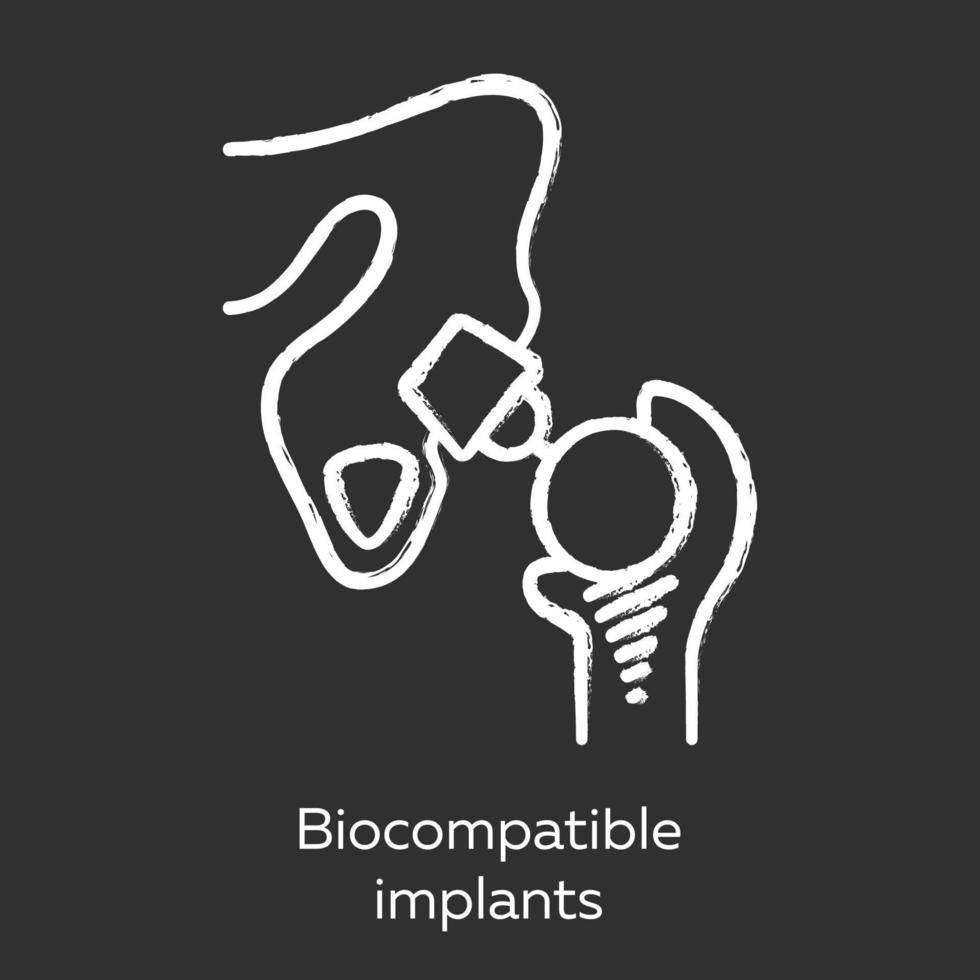 ícone de giz de implantes biocompatíveis. compatível com material de tecido vivo. articulação artificial. aparelho protético. substituição da estrutura biológica. Bioengenharia. ilustração de quadro-negro vetorial isolado vetor