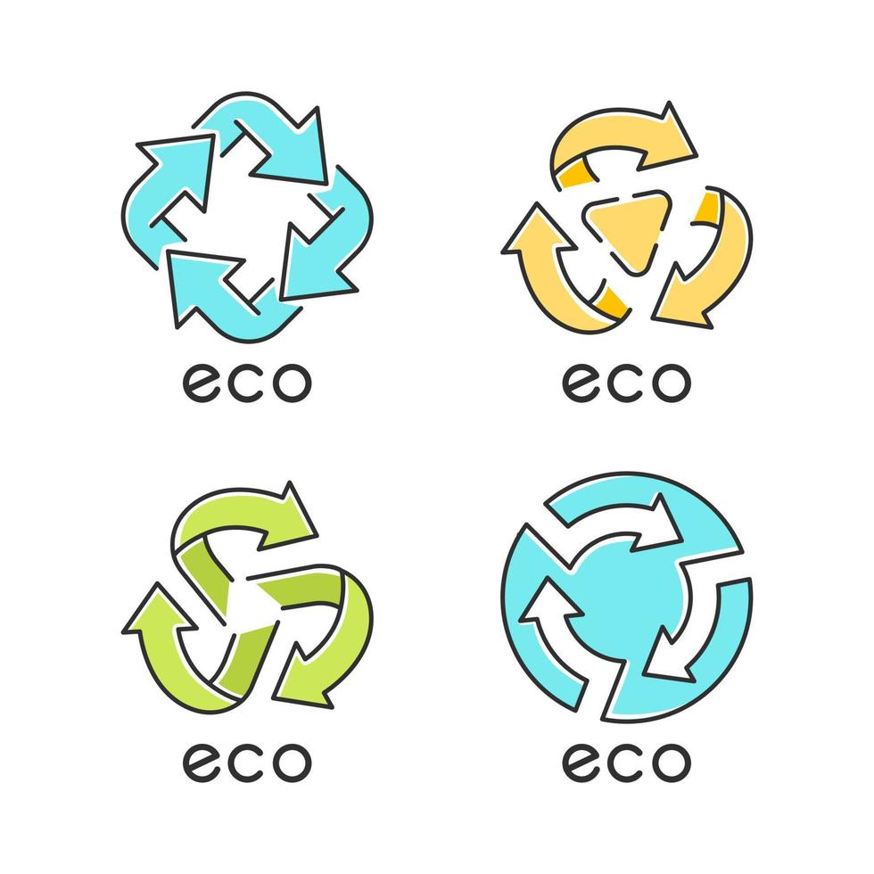 conjunto de ícones de cor azul de rótulos ecológicos. sinais de setas. reciclar símbolos. energia alternativa. emblemas de proteção ambiental. produtos orgânicos. produtos químicos ecologicamente corretos. ilustrações vetoriais isoladas vetor