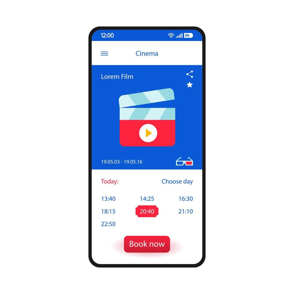 reserva de modelo de vetor de interface de smartphone de bilhetes. layout de design azul da página do aplicativo móvel. tela de bilhete de reserva de cinema. interface do usuário plana para aplicação de cinema. comprar bilhetes de cinema online. visor do telefone