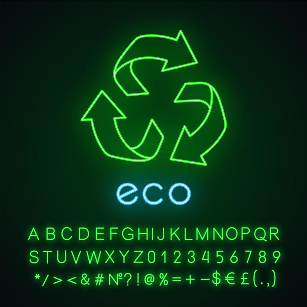 ícone de luz neon de rótulo ecológico. três sinais de seta arredondada. símbolo de reciclagem. energia alternativa. adesivo de proteção ambiental. sinal brilhante com alfabeto, números e símbolo. ilustração vetorial isolada vetor