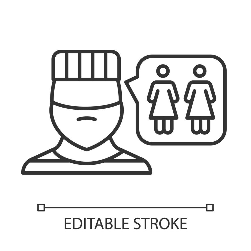 ícone linear de estupro corretivo. abuso de custódia da mulher. estupro como punição por orientação. assédio sexual. ilustração de linha fina. símbolo de contorno. desenho de contorno isolado de vetor. traço editável vetor