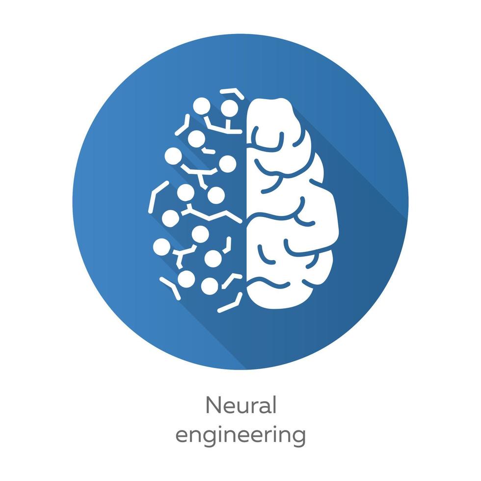 ícone de glifo de sombra longa design plano azul engenharia neural. neuroengenharia. tecido neural vivo e construções artificiais. bioinformática. biotecnologia. ilustração em vetor silhueta