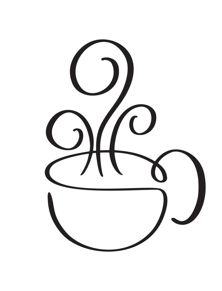 café de caligrafia vetorial ou xícara de chá com vapor. ilustração caligráfica em preto e branco. design desenhado à mão para logotipo, café ícone, menu, material têxtil vetor