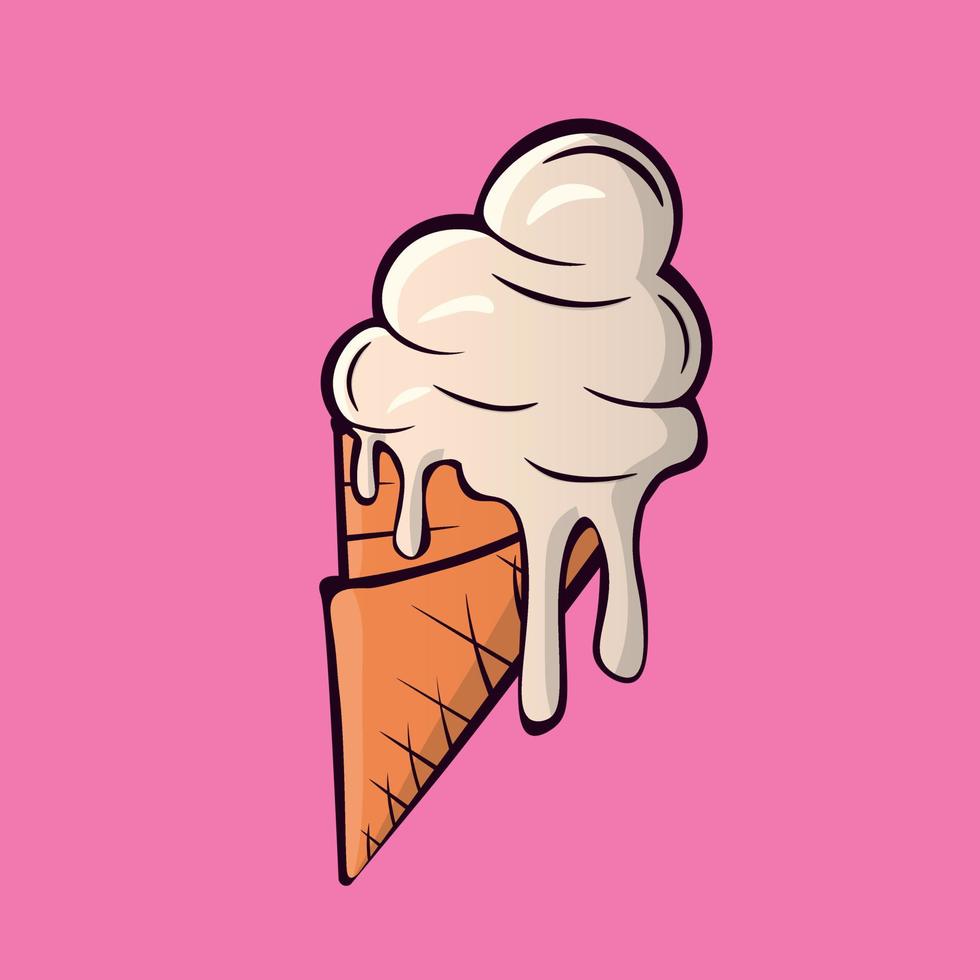 derretendo bolas de sorvete no cone de waffle isolado no fundo rosa. ícone de contorno plano de vetor. personagem de quadrinhos na ilustração de estilo cartoon para design de camiseta vetor